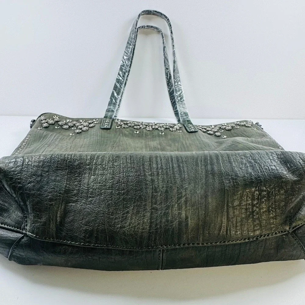 Unique Large Olive Green Distressed Faux Leather Studded Tote Crossbody BOHO